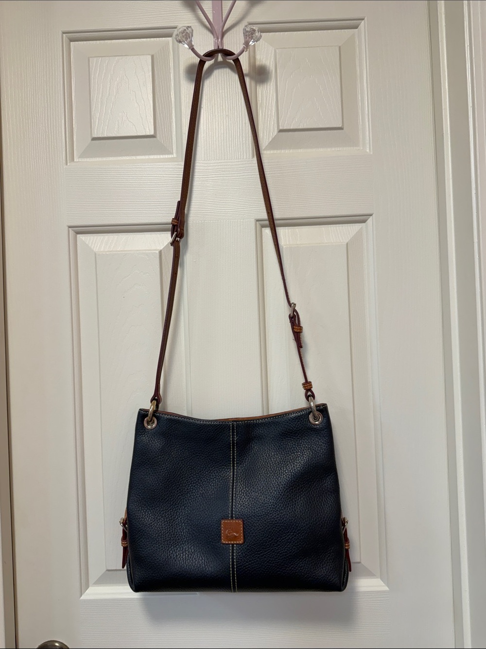 Dooney & Bourke Black Pebbled Leather Shoulder Bag with Brown Trim